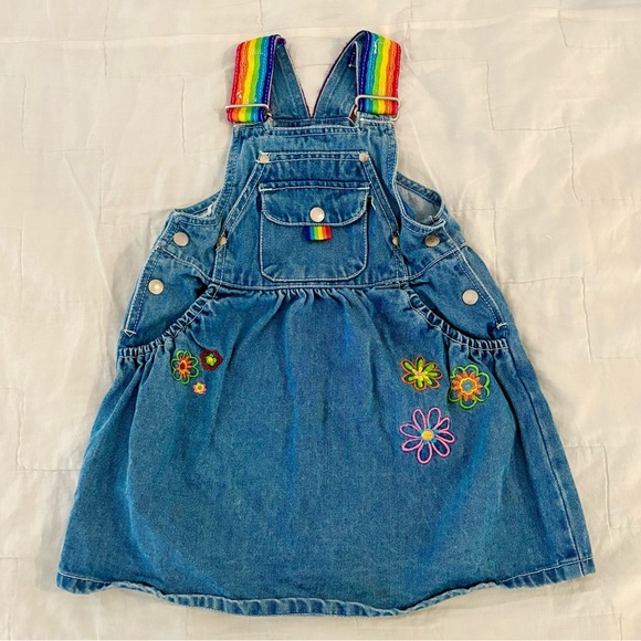 Vintage Kids Jet Set Rainbow Denim Overalls Jumper Dress Size 4T - Picture 2 of 5